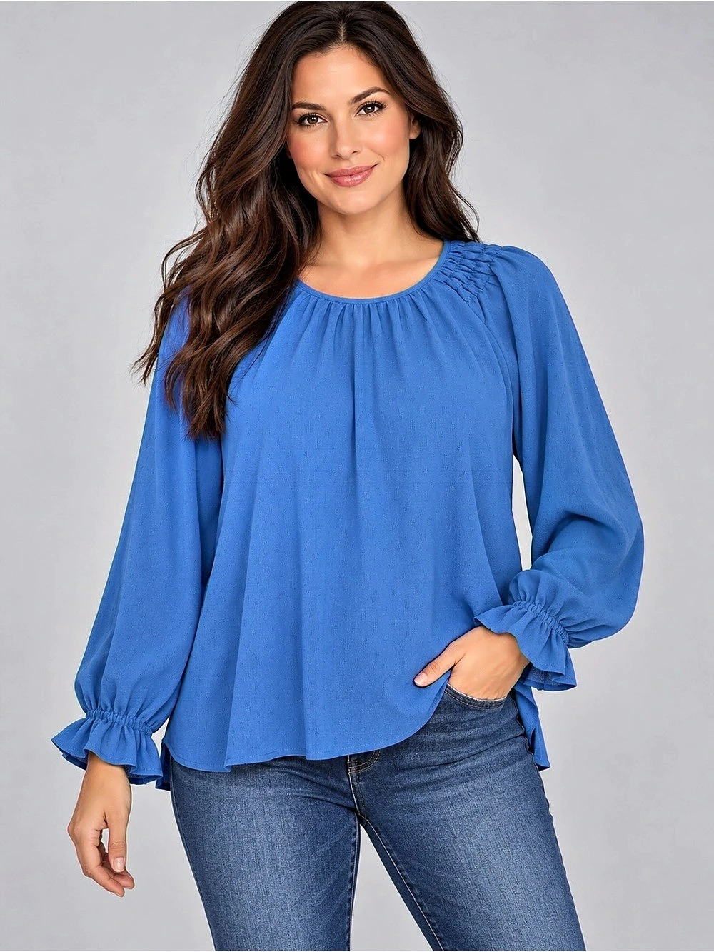 Jessica Simpson Blue Textured Ruffle-Cuff Blouse — Size L